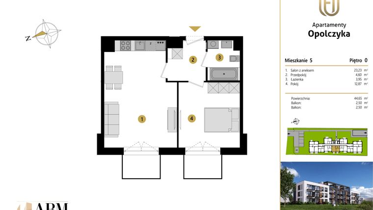 Rzut - Mieszkanie na sprzedaż 2 pokoje o powierzchni 44,65 m² - numer M5 w Apartamenty Opolczyka