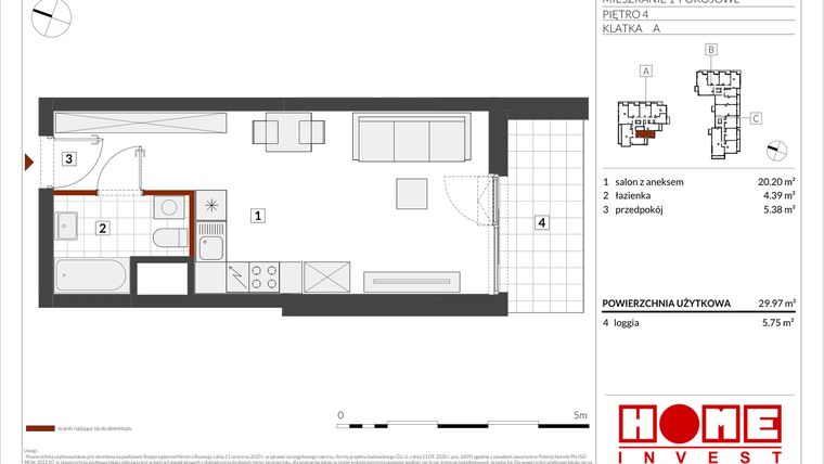 Rzut - Mieszkanie na sprzedaż 1 pokój o powierzchni 29,97 m² - numer B2-A033 w Warszawski Świt etap IX