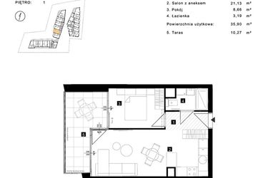 Rzut - Mieszkanie na sprzedaż 2 pokoje o powierzchni 35,9 m² - numer B.1.9 w Cisha Apartamenty Dziwnów