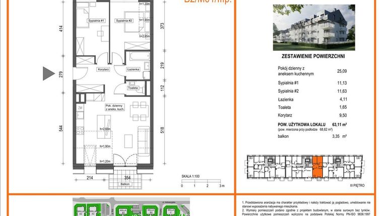 Rzut - Mieszkanie na sprzedaż 3 pokoje o powierzchni 63,11 m² - numer B2/M01/3P w Zielony Brochów 7