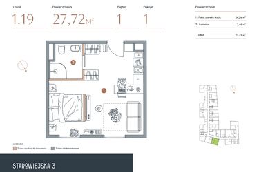 Rzut - Mieszkanie na sprzedaż 1 pokój o powierzchni 27,72 m² - numer 1.19 w Starowiejska 3