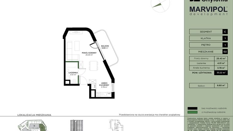 Rzut - Mieszkanie na sprzedaż 1 pokój o powierzchni 33,23 m² - numer C-1-02 w Nowa Chylonia