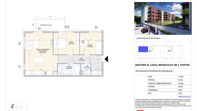 Rzut - Mieszkanie na sprzedaż 3 pokoje o powierzchni 69,38 m² - numer B.3 w Wólczańska 248 - etap II