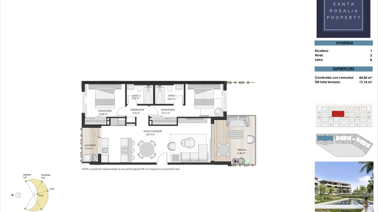 Rzut - Mieszkanie na sprzedaż 2 pokoje o powierzchni 84 m² - numer 2B w Tindra Homes el Lago