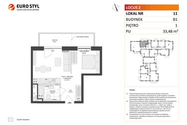 Rzut - Mieszkanie na sprzedaż 1 pokój o powierzchni 33,48 m² - numer 11 w Locus 2