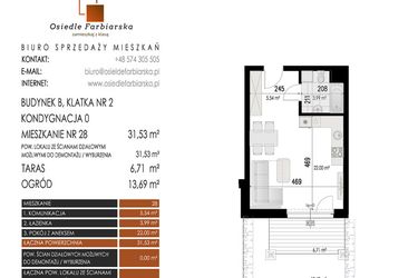 Rzut - Mieszkanie na sprzedaż 1 pokój o powierzchni 31,53 m² - numer 28B w Osiedle Farbiarska II