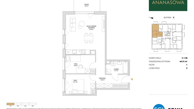 Rzut - Mieszkanie na sprzedaż 3 pokoje o powierzchni 64,91 m² - numer C.1.06 w Ananasowa
