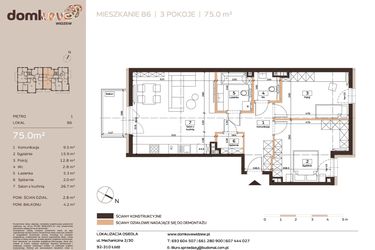 Rzut - Mieszkanie na sprzedaż 3 pokoje o powierzchni 75 m² - numer B6 w Domkove Widzew