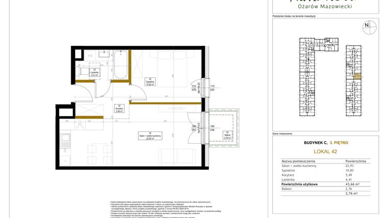 Rzut - Mieszkanie na sprzedaż 2 pokoje o powierzchni 43,66 m² - numer 42 w Aura Nova etap II
