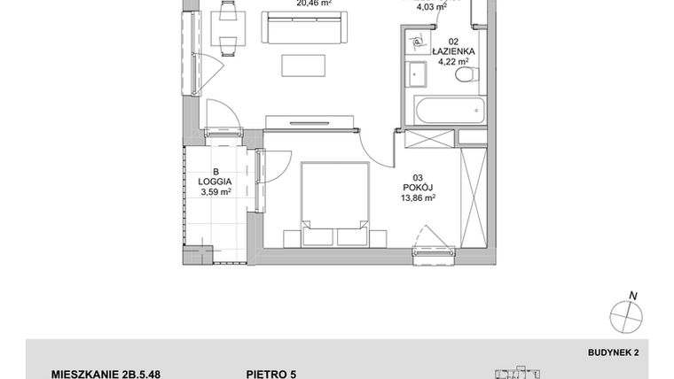 Rzut - Mieszkanie na sprzedaż 2 pokoje o powierzchni 42,57 m² - numer 2B.5.48 w Francuska Park VIIIA