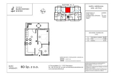 Rzut - Mieszkanie na sprzedaż 2 pokoje o powierzchni 43,17 m² - numer M32 w Osiedle Barczewski Dwór etap III