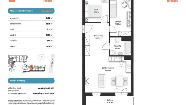 Rzut - Mieszkanie na sprzedaż 3 pokoje o powierzchni 59,23 m² - numer M II.2.1 w Glogera Bricks