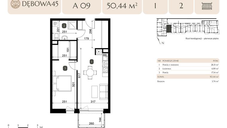 Rzut - Mieszkanie na sprzedaż 2 pokoje o powierzchni 50,44 m² - numer A.09 w Dębowa 45