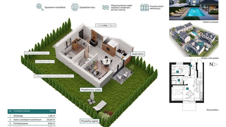Rzut - Mieszkanie na sprzedaż 2 pokoje o powierzchni 34,72 m² - numer D2/1 w Bałtycka Oaza