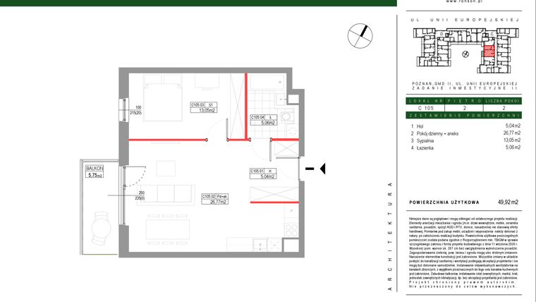 Rzut - Mieszkanie na sprzedaż 2 pokoje o powierzchni 49,92 m² - numer C105 w Grunwald Między Drzewami etap III