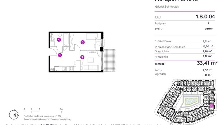 Rzut - Mieszkanie na sprzedaż 2 pokoje o powierzchni 33,41 m² - numer 1.B.0.04 w Murapol Portovo etap II