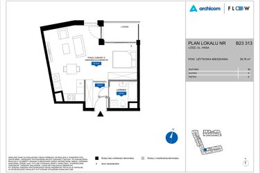 Rzut - Mieszkanie na sprzedaż 1 pokój o powierzchni 38,76 m² - numer B23 313 w Flow - bud. B2 A i bud. B2 B