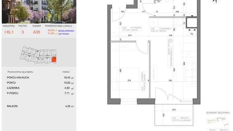 Rzut - Mieszkanie na sprzedaż 2 pokoje o powierzchni 41,65 m² - numer I-A35 w Industria etap I-A