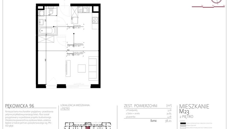 Rzut - Mieszkanie na sprzedaż 1 pokój o powierzchni 38,21 m² - numer 23 w Pękowicka 96