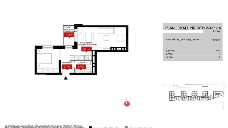 Rzut - Mieszkanie na sprzedaż 1 pokój o powierzchni 43,9 m² - numer WR1 2/3/11/1a w Przystań Reymonta