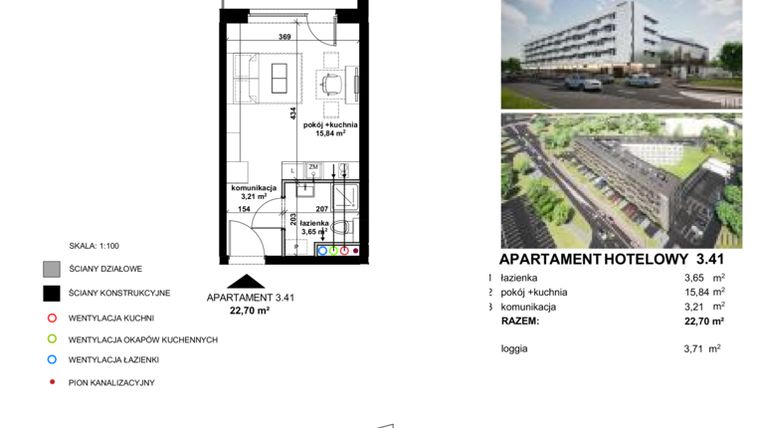 Rzut - Mieszkanie na sprzedaż 1 pokój o powierzchni 22,58 m² - numer 3.41 w Apartamentowiec Zwycięska 3 - inwestycyjne
