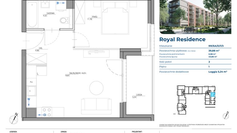 Rzut - Mieszkanie na sprzedaż 2 pokoje o powierzchni 39,88 m² - numer RR/6A/D/1/3 w Royal Residence 6A