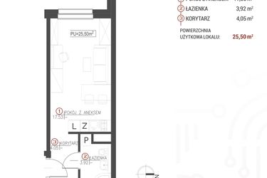 Rzut - Mieszkanie na sprzedaż 1 pokój o powierzchni 25,5 m² - numer 102 w Wróblewskiego 1