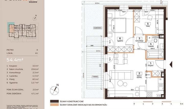 Rzut - Mieszkanie na sprzedaż 3 pokoje o powierzchni 54,4 m² - numer A1 w Domkove Widzew
