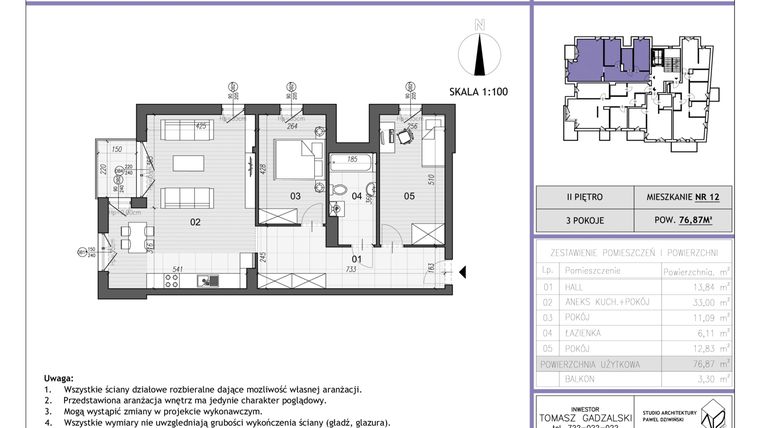 Rzut - Mieszkanie na sprzedaż 3 pokoje o powierzchni 73,96 m² - numer M12 w Klonowa Aleja