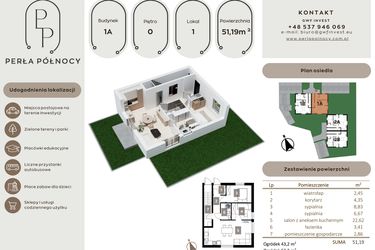 Rzut - Mieszkanie na sprzedaż 3 pokoje o powierzchni 51,19 m² - numer 1 w Perła Północy etap 1