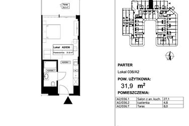 Rzut - Mieszkanie na sprzedaż 1 pokój o powierzchni 31,9 m² - numer 036 w Apollo Resort