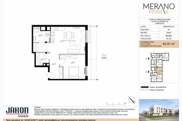 Rzut - Mieszkanie na sprzedaż 2 pokoje o powierzchni 62,91 m² - numer B1.B11 w Merano Park II