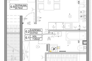 Rzut - Mieszkanie na sprzedaż 3 pokoje o powierzchni 48,03 m² - numer 45 w Manufaktura Marki 2 etap II