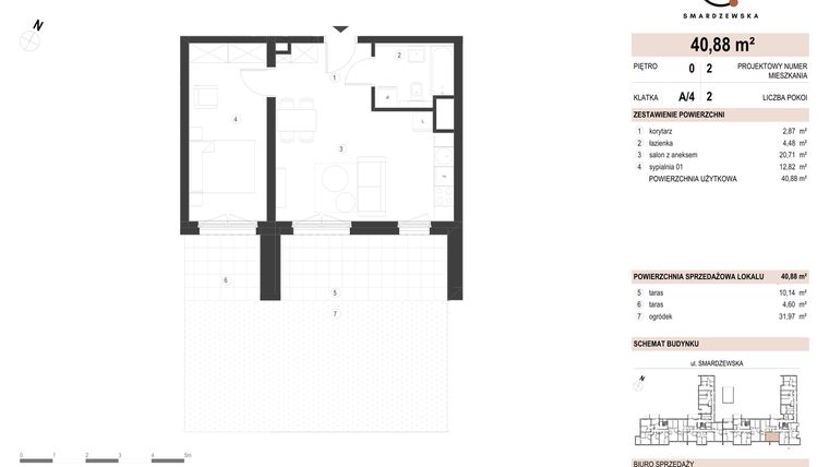 Rzut - Mieszkanie na sprzedaż 2 pokoje o powierzchni 40,88 m² - numer A/4/0.2 w Smardzewska 8