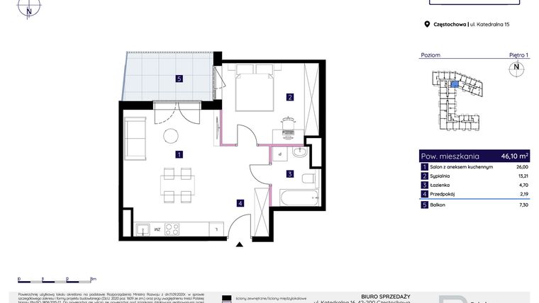 Rzut - Mieszkanie na sprzedaż 2 pokoje o powierzchni 46,1 m² - numer 15/46 w Osiedle Neonowe