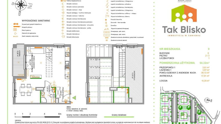 Rzut - Mieszkanie na sprzedaż 2 pokoje o powierzchni 64,32 m² - numer 9.E w Tak Blisko