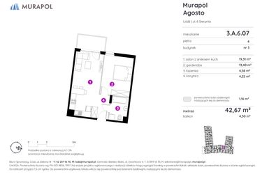 Rzut - Mieszkanie na sprzedaż 1 pokój o powierzchni 42,48 m² - numer 3.A.6.07 w Murapol Agosto