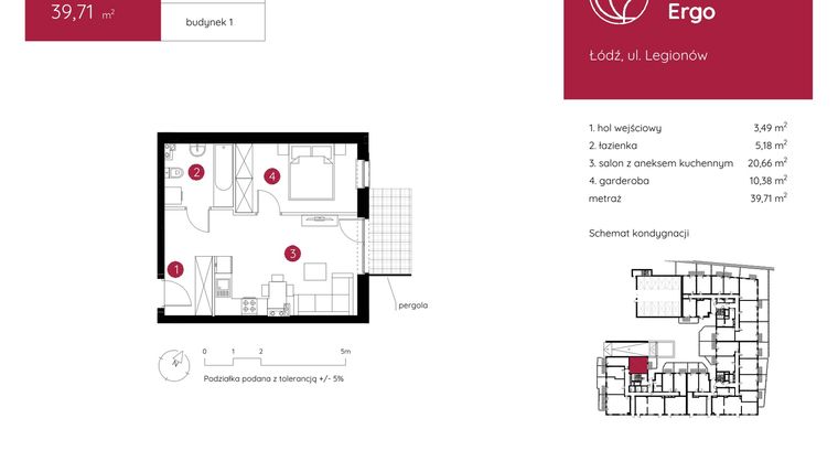 Rzut - Mieszkanie na sprzedaż 1 pokój o powierzchni 39,71 m² - numer 1.A.0.07 w Murapol Ergo