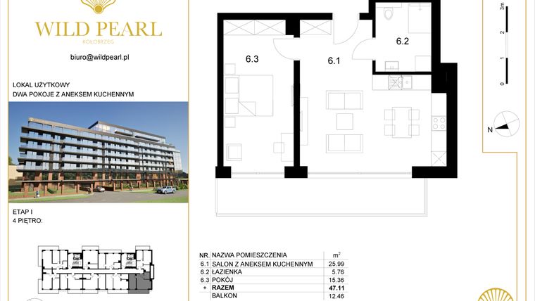 Rzut - Mieszkanie na sprzedaż 2 pokoje o powierzchni 47,12 m² - numer 4.6 w Wild Pearl - apartamenty inwestycyjne