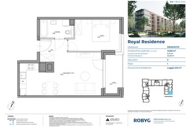 Rzut - Mieszkanie na sprzedaż 2 pokoje o powierzchni 43,66 m² - numer RR/6A/D/1/5 w Royal Residence 6A