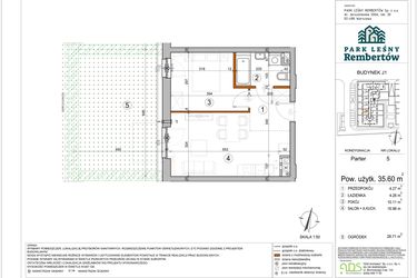 Rzut - Mieszkanie na sprzedaż 2 pokoje o powierzchni 35,6 m² - numer J1-5 w Park Leśny Rembertów etap VIII