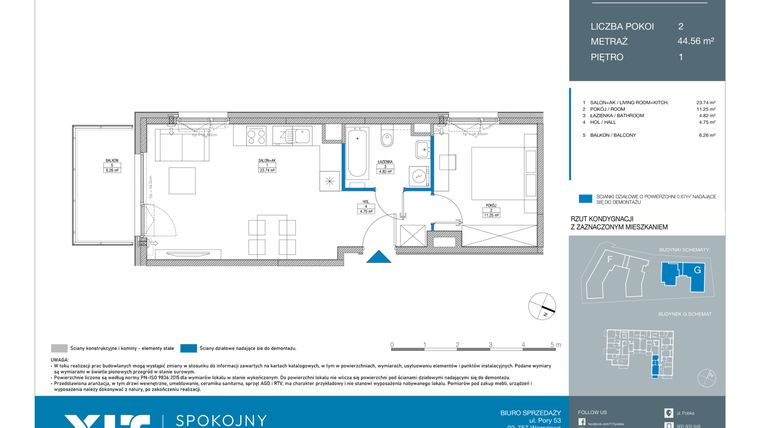 Rzut - Mieszkanie na sprzedaż 2 pokoje o powierzchni 44,56 m² - numer GD0104 w Spokojny Mokotów etap II