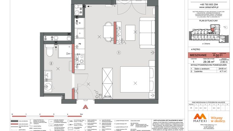 Rzut - Mieszkanie na sprzedaż 1 pokój o powierzchni 29,36 m² - numer A.04.01 w Żelazna 54