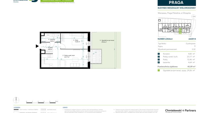 Rzut - Mieszkanie na sprzedaż 2 pokoje o powierzchni 45,09 m² - numer AA0014 w Neo Praga