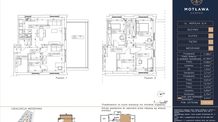 Rzut - Mieszkanie na sprzedaż 5 pokoi o powierzchni 119,14 m² - numer B3.M4 w Motława Garden
