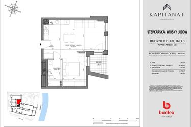Rzut - Mieszkanie na sprzedaż 2 pokoje o powierzchni 44,68 m² - numer 38.B w Kapitanat Apartamenty