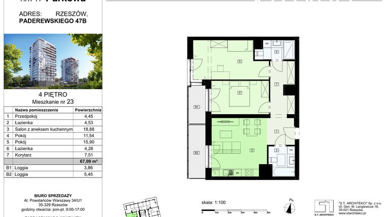 Rzut - Mieszkanie na sprzedaż 3 pokoje o powierzchni 67,09 m² - numer 23/B7 w Dzielnica Parkowa VII