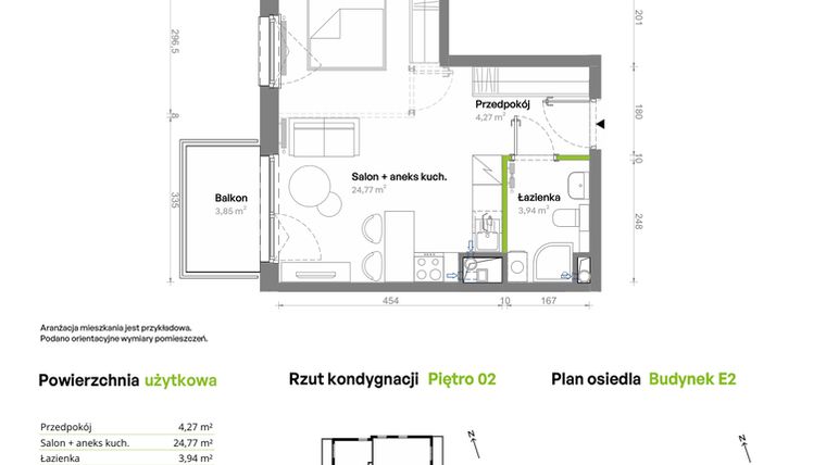 Rzut - Mieszkanie na sprzedaż 1 pokój o powierzchni 32,98 m² - numer E2.02.19 w Południe Vita