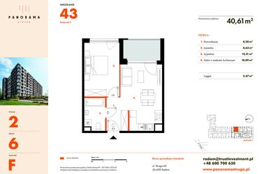 Rzut - Mieszkanie na sprzedaż 2 pokoje o powierzchni 40,61 m² - numer F43 w Panorama Struga
