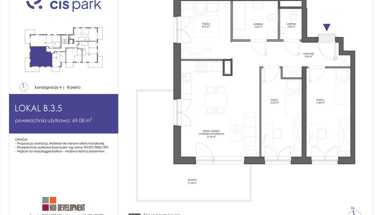Rzut - Mieszkanie na sprzedaż 4 pokoje o powierzchni 69,08 m² - numer B.3.5 w CIS Park